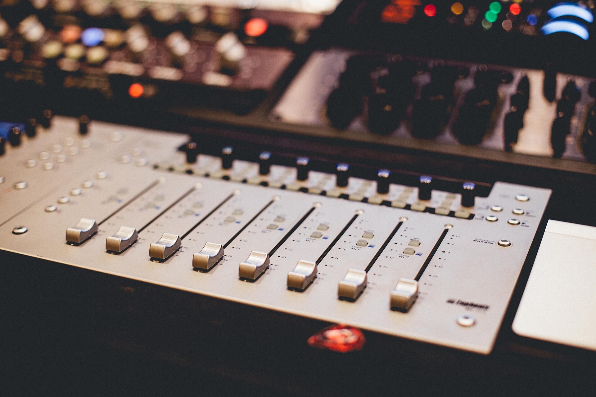 Faders and controls on a mixing console