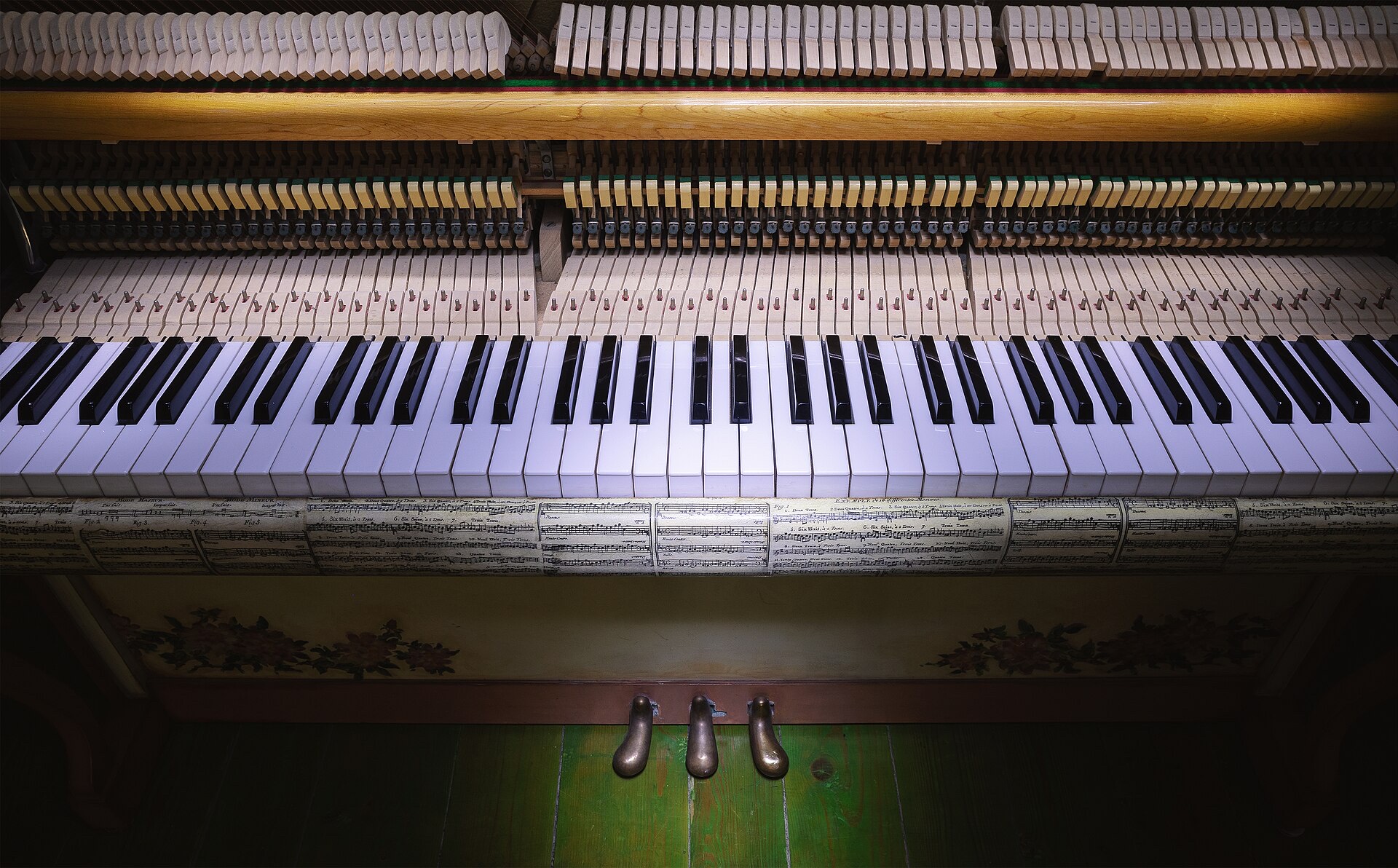 Inside an upright piano